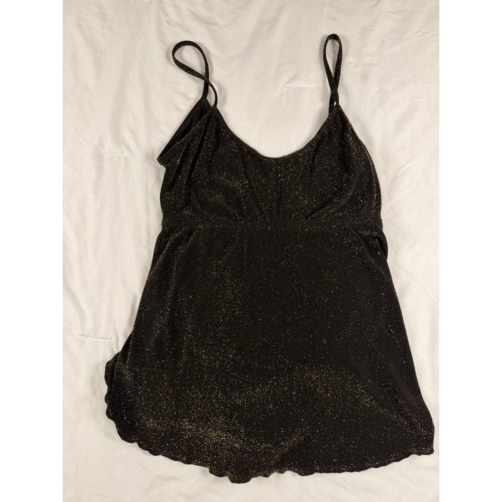 Vintage Jm Black Gold Metallic Glitter Swim Dress One Piece Bodysuit Large USA
